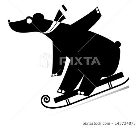 Sledding happy bear illustration. Cute bear rides on sledge in warm clothes like hat and scarf. Black and white Sledding happy bear illustration. Cute bear rides on sledge in warm clothes like hat and scarf. Black and white 143724875