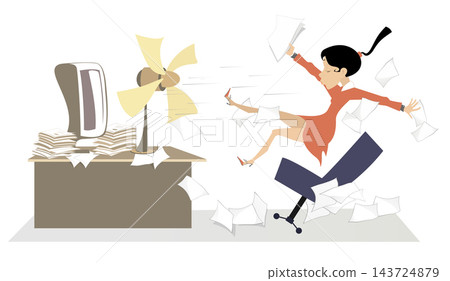 Office, businesswoman. Working place with a big table fan.  Woman in the office flying away from the air fan isolated on white background 143724879