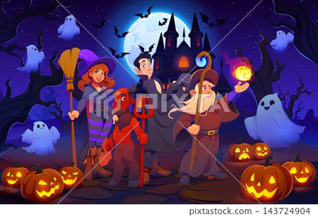 Happy Halloween holiday greeting card, with young witch, sorcerer wizard with fire ball, vampire, red devil or eerie flying ghosts cartoon character. Vector spooky celebration costume party personages Happy Halloween holiday greeting card, with young witch, sorcerer wizard with fire ball, vampire, red devil or eerie flying ghosts cartoon character. Vector spooky celebration costume party personages 143724904
