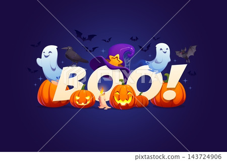 Boo Halloween funny quote poster or greeting card. Festive spooky vector smiling cartoon ghost characters, carved pumpkin jack o lantern, witch hat, candle, raven, flying bats on dark night background Boo Halloween funny quote poster or greeting card. Festive spooky vector smiling cartoon ghost characters, carved pumpkin jack o lantern, witch hat, candle, raven, flying bats on dark night background 143724906