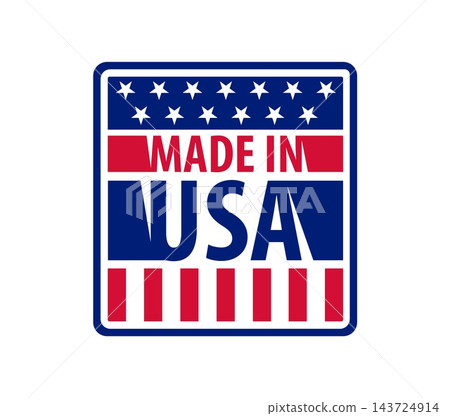 Made in USA badge icon, American flag label and stamp. United States quality production symbol with American flag stars and stripes. Vector symbol of quality, certification and national production Made in USA badge icon, American flag label and stamp. United States quality production symbol with American flag stars and stripes. Vector symbol of quality, certification and national production 143724914
