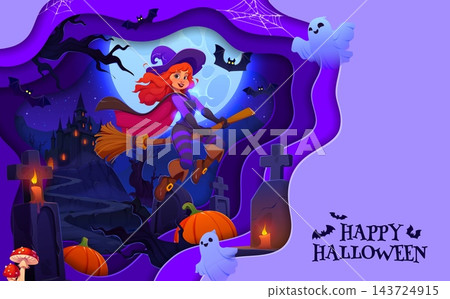 Paper cut happy Halloween banner with dark castle and witch flying on the broom over graveyard under full moon. Spooky vector night haunted landscape with bat, ghost, pumpkin within 3d wavy frame Paper cut happy Halloween banner with dark castle and witch flying on the broom over graveyard under full moon. Spooky vector night haunted landscape with bat, ghost, pumpkin within 3d wavy frame 143724915