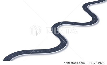 Winding 3d asphalt highway road, isolated track pathway route perspective view. Vector curve pathway, conveying travel, traffic, direction, journey, navigation, exploration distance or street lane 143724928