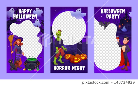 Halloween photo frames and social media templates with spooky witch, zombie, vampire characters, pumpkin, ghost, bat and spider, dark night sky, haunted house and moon. Cartoon vector festive borders Halloween photo frames and social media templates with spooky witch, zombie, vampire characters, pumpkin, ghost, bat and spider, dark night sky, haunted house and moon. Cartoon vector festive borders 143724929