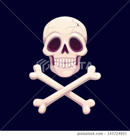 Cartoon skull with crossed bones scary Jolly Roger, symbol of death and danger. Spooky Halloween skeleton face with hollow eyes, cracked head and creepy grin. Vector skull pirate or horror game asset Cartoon skull with crossed bones scary Jolly Roger, symbol of death and danger. Spooky Halloween skeleton face with hollow eyes, cracked head and creepy grin. Vector skull pirate or horror game asset 143724931