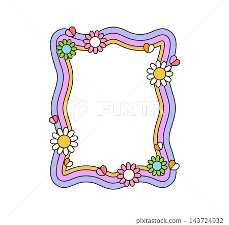 Cartoon retro groovy wavy frame. Y2K psychedelic wavy border decorated with colorful daisy flowers and cute hearts. 70s hippie decorative frame for greeting cards, social media posts or poster designs Cartoon retro groovy wavy frame. Y2K psychedelic wavy border decorated with colorful daisy flowers and cute hearts. 70s hippie decorative frame for greeting cards, social media posts or poster designs 143724932