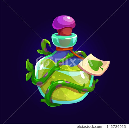 Cartoon magic potion bottle vector luminous green alchemy elixir. Magic of earth and life vial with green vine and leaf tag on string. Halloween witchcraft spell, fantasy brew, magical natural mixture Cartoon magic potion bottle vector luminous green alchemy elixir. Magic of earth and life vial with green vine and leaf tag on string. Halloween witchcraft spell, fantasy brew, magical natural mixture 143724933
