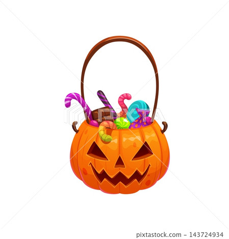 Halloween trick or treat candies and sweets bucket shaped like carved cartoon pumpkin, filled with candies and sweets, lollipops, candy canes, chocolate and gummies for trick or treat celebration Halloween trick or treat candies and sweets bucket shaped like carved cartoon pumpkin, filled with candies and sweets, lollipops, candy canes, chocolate and gummies for trick or treat celebration 143724934