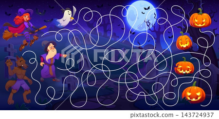 Happy Halloween labyrinth maze holiday game with cartoon vector witch, wizard, ghost or werewolf in spooky graveyard night under full moon with tangled path leading to glowing jack o lantern pumpkins Happy Halloween labyrinth maze holiday game with cartoon vector witch, wizard, ghost or werewolf in spooky graveyard night under full moon with tangled path leading to glowing jack o lantern pumpkins 143724937