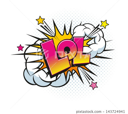 Lol comic speech bubble pop art explosion effect. Cartoon vector burst cloud with stars, typography and vintage halftone background. Retro comic book dynamic lettering, expressive boom sound effect 143724941