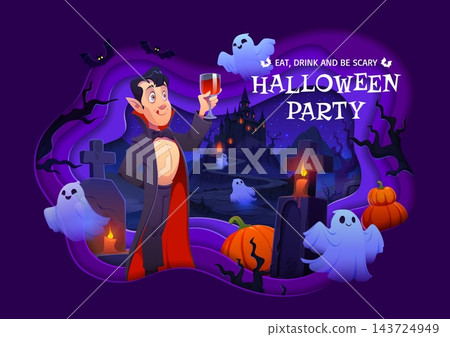 Paper cut happy Halloween poster with vampire and ghost characters on graveyard. Cartoon vector spooky October holiday invitation with Dracula raising wine glass in night cemetery with pumpkins Paper cut happy Halloween poster with vampire and ghost characters on graveyard. Cartoon vector spooky October holiday invitation with Dracula raising wine glass in night cemetery with pumpkins 143724949