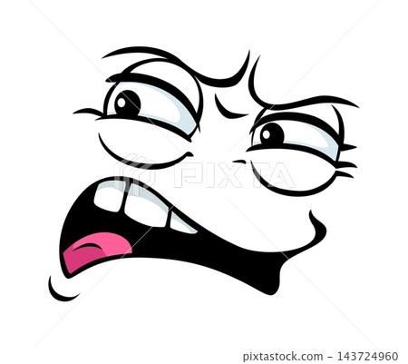 Cartoon angry, confused or grumpy face. Dramatic character grimace with exposed teeth, tongue, raised eyebrows and narrowed eyes. Comic facial expression conveying annoyance, skepticism or frustration Cartoon angry, confused or grumpy face. Dramatic character grimace with exposed teeth, tongue, raised eyebrows and narrowed eyes. Comic facial expression conveying annoyance, skepticism or frustration 143724960