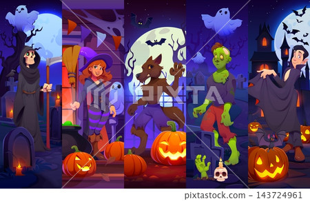 Scary Halloween characters and personages collage with grim reaper, witch, werewolf, zombie and vampire in spooky graveyard. Cartoon vector horror party night scenes for October holiday celebration Scary Halloween characters and personages collage with grim reaper, witch, werewolf, zombie and vampire in spooky graveyard. Cartoon vector horror party night scenes for October holiday celebration 143724961