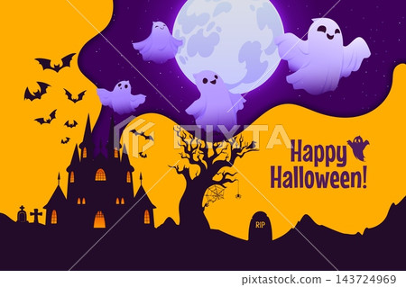 Happy Halloween holiday paper cut greeting card with haunted castle, cartoon ghost characters, flying bats and graveyard, night sky with moon in 3d vector papercut frame. Spooky horror night banner Happy Halloween holiday paper cut greeting card with haunted castle, cartoon ghost characters, flying bats and graveyard, night sky with moon in 3d vector papercut frame. Spooky horror night banner 143724969