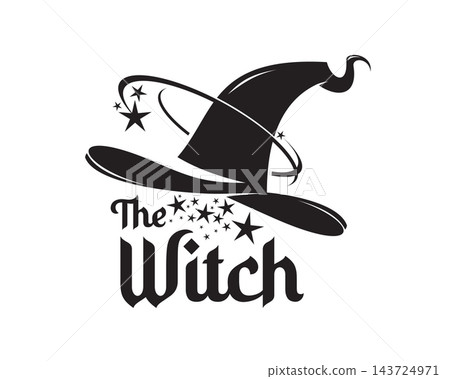 Halloween witch, magician or wizard hat icon with magic star swirl. Vector wizard magician headwear black silhouette. Mystical lettering the witch, black emblem, isolated spooky symbol for holiday 143724971