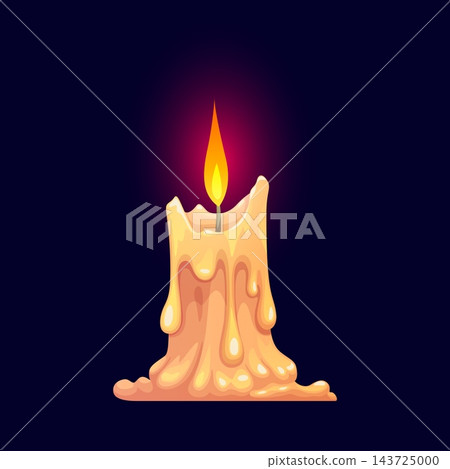 Cartoon melting candle with bright flame. Vector spooky symbol of Halloween with dripping wax, glowing fire and warm light on dark background, Candle for mystical rituals, fantasy gothic decoration 143725000