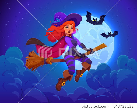 Cute Halloween witch on broom at midnight moon sky background. Holiday cartoon witch character flying on broomstick in sky of full moon glow and dark bats. Enchantress wears magician hat and stockings Cute Halloween witch on broom at midnight moon sky background. Holiday cartoon witch character flying on broomstick in sky of full moon glow and dark bats. Enchantress wears magician hat and stockings 143725132