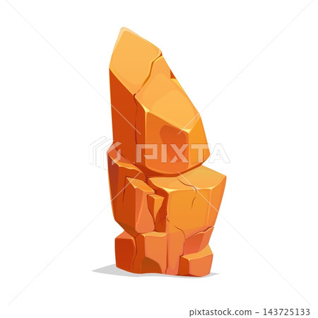 Cartoon leaning desert rock spire with tilted faceted top and stacked cracked base. Tall cliff stone icon featuring sharp angular shapes and warm orange shading for adventure games and kids books Cartoon leaning desert rock spire with tilted faceted top and stacked cracked base. Tall cliff stone icon featuring sharp angular shapes and warm orange shading for adventure games and kids books 143725133