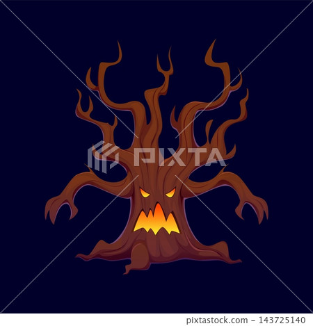 Cartoon Halloween spooky haunted tree with twisted branches and glowing yellow eyes, scary animated tree with a monstrous face and glowing mouth. Vector creepy monster character from fantasy forest Cartoon Halloween spooky haunted tree with twisted branches and glowing yellow eyes, scary animated tree with a monstrous face and glowing mouth. Vector creepy monster character from fantasy forest 143725140