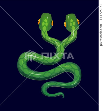 Cartoon Halloween doubleheaded serpent snake with smooth green scales, yellow eyes and forked tongues. Vector reptile with two heads, magic occult kingsnake character, esoteric serpent personage Cartoon Halloween doubleheaded serpent snake with smooth green scales, yellow eyes and forked tongues. Vector reptile with two heads, magic occult kingsnake character, esoteric serpent personage 143725142
