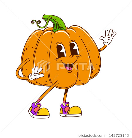 Hippie groovy pumpkin vegetable character with friendly expression. Cartoon vector autumn gourd for Halloween party or Thanksgiving harvest. Veggie funky personage with curly stem and trendy sneakers Hippie groovy pumpkin vegetable character with friendly expression. Cartoon vector autumn gourd for Halloween party or Thanksgiving harvest. Veggie funky personage with curly stem and trendy sneakers 143725143