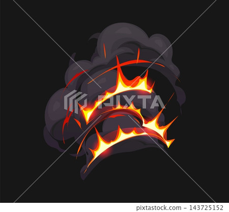Cartoon explosive fire smoke effect with Jagged orange and yellow flame bursts. Comic burst cloud and arcade game flames with blast trails for video game animations and dramatic special effects design Cartoon explosive fire smoke effect with Jagged orange and yellow flame bursts. Comic burst cloud and arcade game flames with blast trails for video game animations and dramatic special effects design 143725152