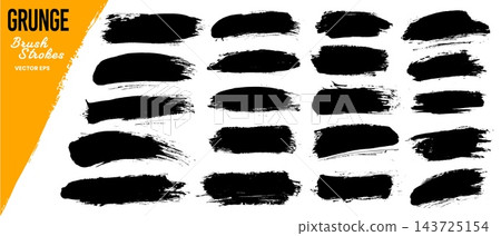 Black ink grunge brush shape, paintbrush stroke stain, dirty frame elements, smudge paint spray set with rough texture and scratches. Black ink paint brush stroke stains, grunge streaks and marks set Black ink grunge brush shape, paintbrush stroke stain, dirty frame elements, smudge paint spray set with rough texture and scratches. Black ink paint brush stroke stains, grunge streaks and marks set 143725154