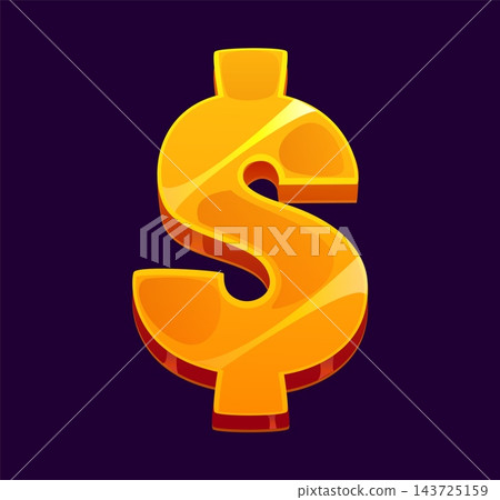 Golden dollar mascot icon with vibrant glossy finish and smooth edges. Festive symbol of wealth, success and investment for cryptocurrency exchange banners or banking mobile application interfaces Golden dollar mascot icon with vibrant glossy finish and smooth edges. Festive symbol of wealth, success and investment for cryptocurrency exchange banners or banking mobile application interfaces 143725159