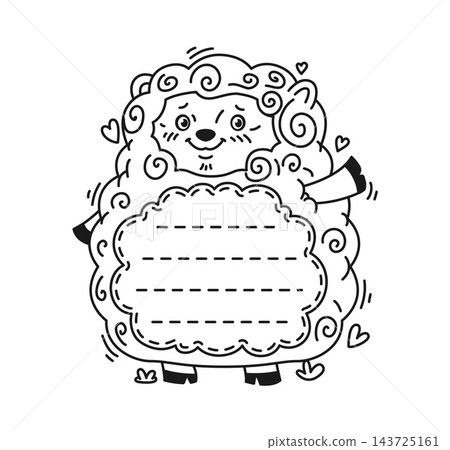 Kids memo note frame of cute funny cartoon sheep character with fluffy curly wool holding a large memo frame. Vector cute sheep with a text area on its body, surrounded by hearts and whimsical lines Kids memo note frame of cute funny cartoon sheep character with fluffy curly wool holding a large memo frame. Vector cute sheep with a text area on its body, surrounded by hearts and whimsical lines 143725161