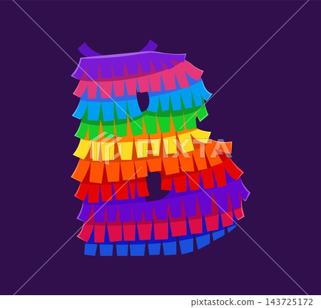 Mexican festival pinata font letter B, holiday rainbow typeface. Vibrant pinata adorned with crepe paper streamers. ABC cartoon type English alphabet. Vector letter for holiday invitations Mexican festival pinata font letter B, holiday rainbow typeface. Vibrant pinata adorned with crepe paper streamers. ABC cartoon type English alphabet. Vector letter for holiday invitations 143725172
