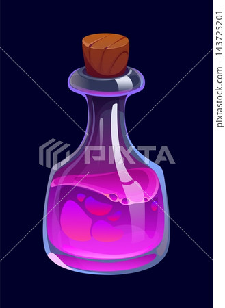 Cartoon Halloween fantasy elixir potion bottle with a wooden cork, holding vivid purple liquid with bubbles and reflections. Vector magic potion bottle, fantasy game asset, spell or alchemy concoction Cartoon Halloween fantasy elixir potion bottle with a wooden cork, holding vivid purple liquid with bubbles and reflections. Vector magic potion bottle, fantasy game asset, spell or alchemy concoction 143725201