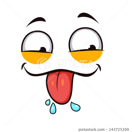 Cartoon face expressing desire and appetite emotion. Comic emoji character with dreamy eyes, tiny brows, satisfied smirk and drooling red tongue with blue saliva drops. Funny face for messaging apps 143725209