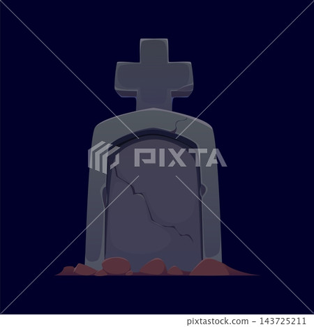 Cartoon Halloween old cemetery gravestone with a cross at the top and cracked stone surface, surrounded by soil and rocks. Vector mysterious tombstone, monument on the grave, tomb stone with cracks 143725211