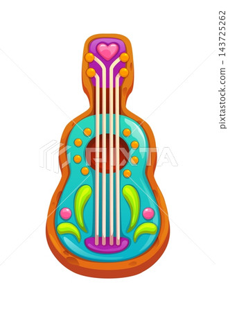 Cartoon cookie guitar icon. Mexican holiday treat for Day of the Dead festival, music, and cultural traditions. Vector sweet frosted biscuit for autumn holiday events Cartoon cookie guitar icon. Mexican holiday treat for Day of the Dead festival, music, and cultural traditions. Vector sweet frosted biscuit for autumn holiday events 143725262