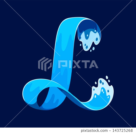 Creative ocean wave font letter L shaped as flowing glossy water stream. Wave font letter with dripping water drops and splashing burst. Vibrant aquatic alphabet typeface character for summer poster Creative ocean wave font letter L shaped as flowing glossy water stream. Wave font letter with dripping water drops and splashing burst. Vibrant aquatic alphabet typeface character for summer poster 143725268