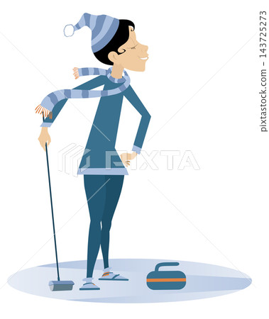 Smiling young woman plays curling isolated illustration. Young woman with a curling brush and a stone isolated on white illustration Smiling young woman plays curling isolated illustration. Young woman with a curling brush and a stone isolated on white illustration 143725273
