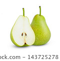 Green vertical pear fruits isolated. Organic green pear and cut in half of juicy pear on white. 143725278
