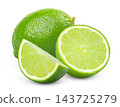 Fresh green lime citrus fruit and cut in half of lime with lime slice isolated on white. 143725279