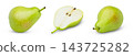 Isolated green pears and cut fruits. Collection of green pear and half of pear isolated on white background 143725282