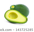 Isolated avocados. Fresh whole avocado and half of green fuerte avocado isolate. 143725285