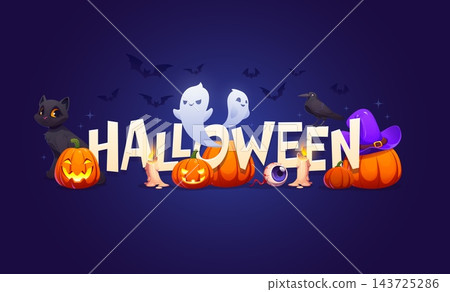 Halloween vector banner with glowing carved pumpkin lanterns, spooky black cat, floating white ghosts and burning candles with mysterious night sky. Cartoon vector Halloween party, scary greetings Halloween vector banner with glowing carved pumpkin lanterns, spooky black cat, floating white ghosts and burning candles with mysterious night sky. Cartoon vector Halloween party, scary greetings 143725286