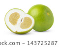 Whole green sweetie grapefruit citrus fruit, pomelo, oroblanco and half of sweetie or pomelit isolated. Sweetie half in heart shape. 143725287