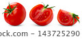 isolated juicy tomatoes collection. Fresh tomato cut, half and whole tomato isolate on white background. 143725290
