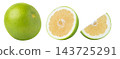 Sweetie grapefruit citrus fruit and half of green pomelit, pomelo or Oroblanco fruits set without shadow isolated. 143725291