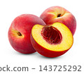Two juicy peaches and half of peach seedless isolated on white background. 143725292
