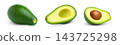 Fresh ripe whole and halved avocado isolated set. Green avocado and cut in half with seed and without seed isolate. 143725298
