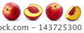 Isolated juicy red peaches collection. Ripe peach, half of peach with seed and cut in a slice of peach isolated set. 143725300