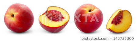 Isolated juicy red peaches collection. Ripe peach, half of peach with seed and cut in a slice of peach isolated set. Isolated juicy red peaches collection. Ripe peach, half of peach with seed and cut in a slice of peach isolated set. 143725300