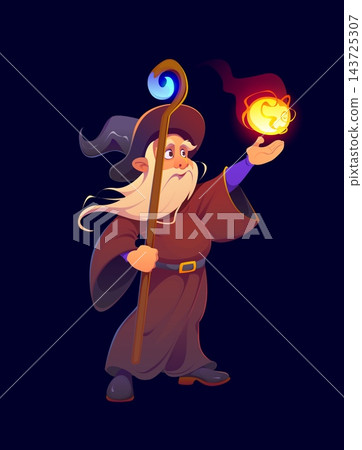 Cartoon wizard character with a long beard and pointy hat. Vector magician holds a wooden staff with a glowing blue orb and conjures a fiery magic ball. Mystical sorcerer warlock with witchcraft power Cartoon wizard character with a long beard and pointy hat. Vector magician holds a wooden staff with a glowing blue orb and conjures a fiery magic ball. Mystical sorcerer warlock with witchcraft power 143725307