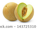 Juicy muskmelon and sliced cantaloupe melon isolated on white background. 143725310